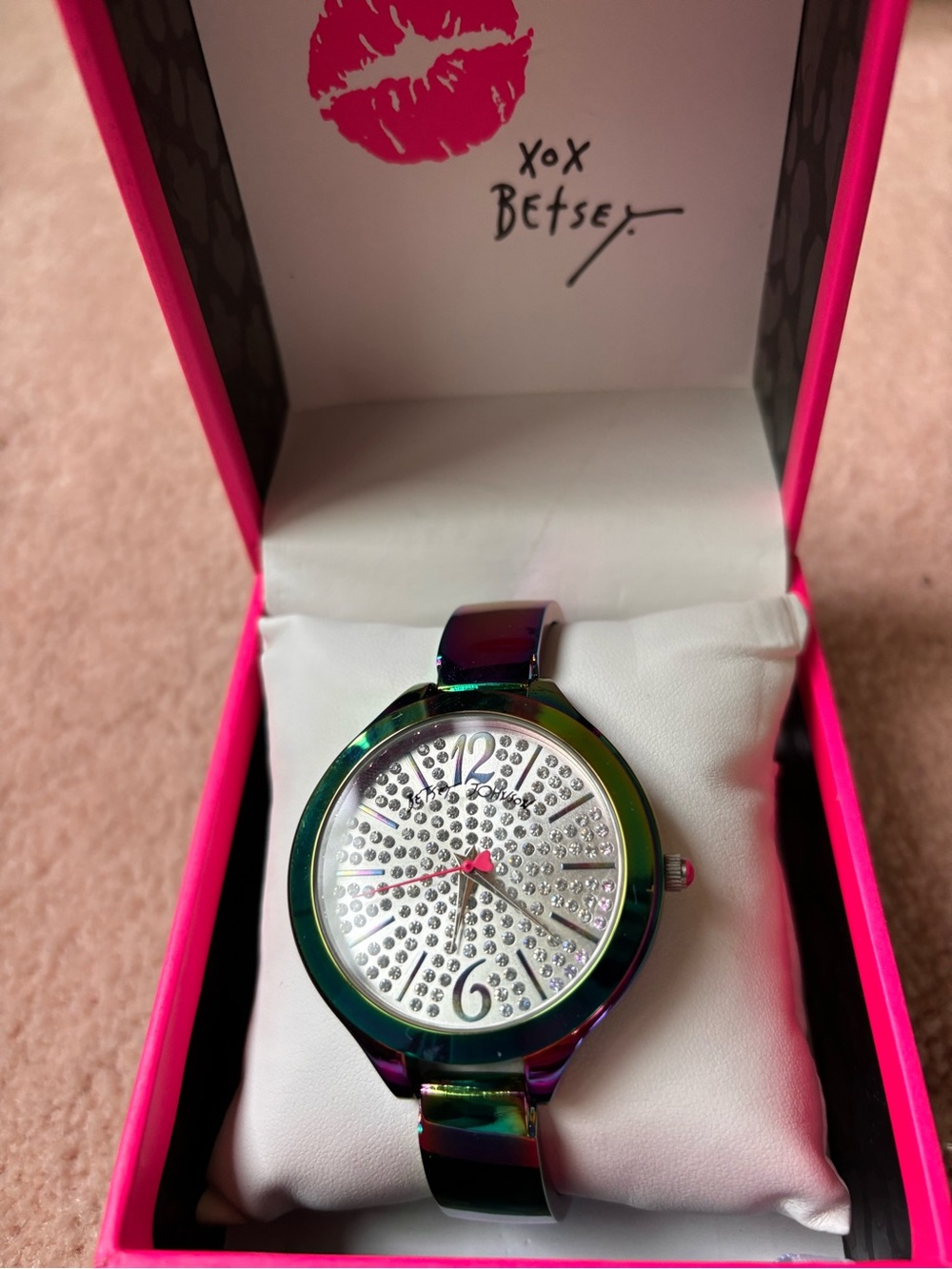 Betsey Johnson Iridescent Rainbow Bracelet Watch with Crystal Dial